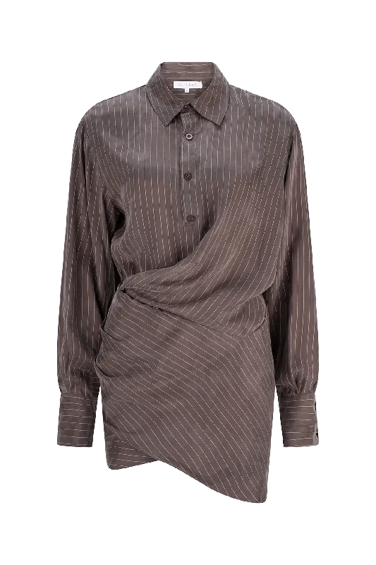 CURAAE Grace Mini Pinstripe Drape Button Down Shirt Dress In Stone