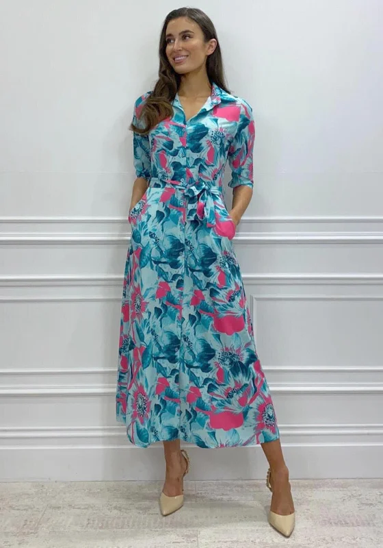 Kate & Pippa Luca Tropical Flower Maxi Shirt Dress, Aqua Multi