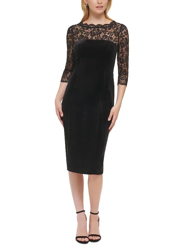 Petites Womens Velvet Knee Sheath Dress