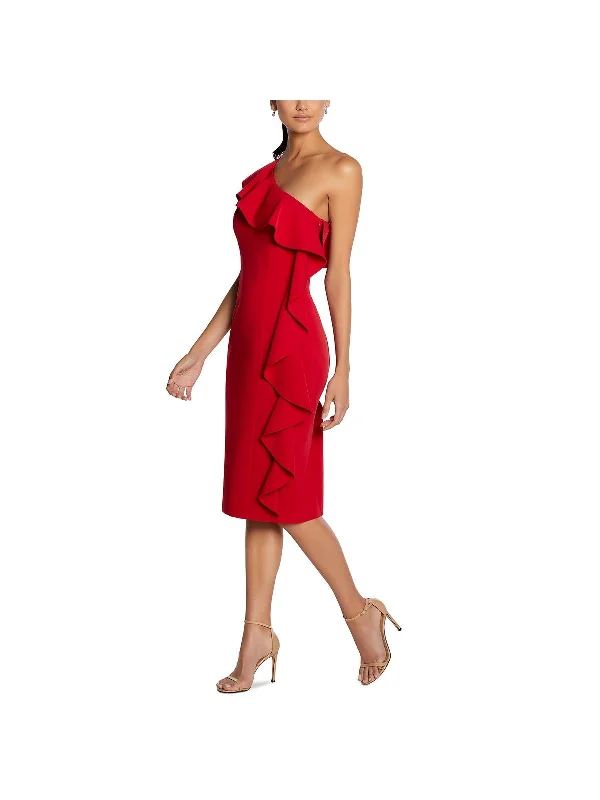 Plus Womens One Shoulder Ruffled Sheath Dress