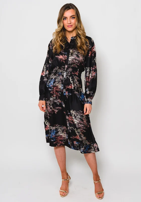 Second Female Roanne Printed Midi Shirt Dress, Black