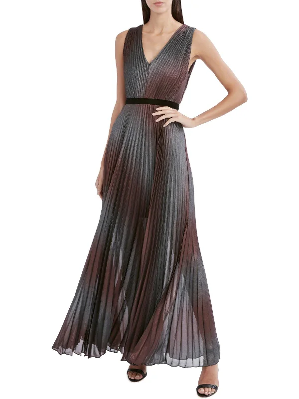 Violet Womens Metallic Pleated Evening Dress