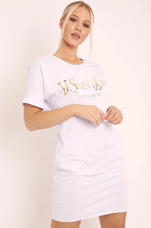 White and Gold Parisian Slogan T-shirt Dress - Claire