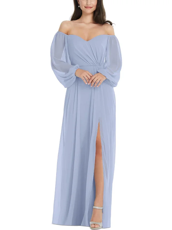 Womens Chiffon Off-The-Shoulder Evening Dress