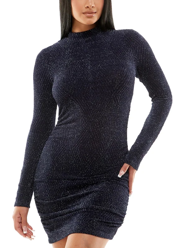 Womens Metallic Mock Turtleneck Sheath Dress