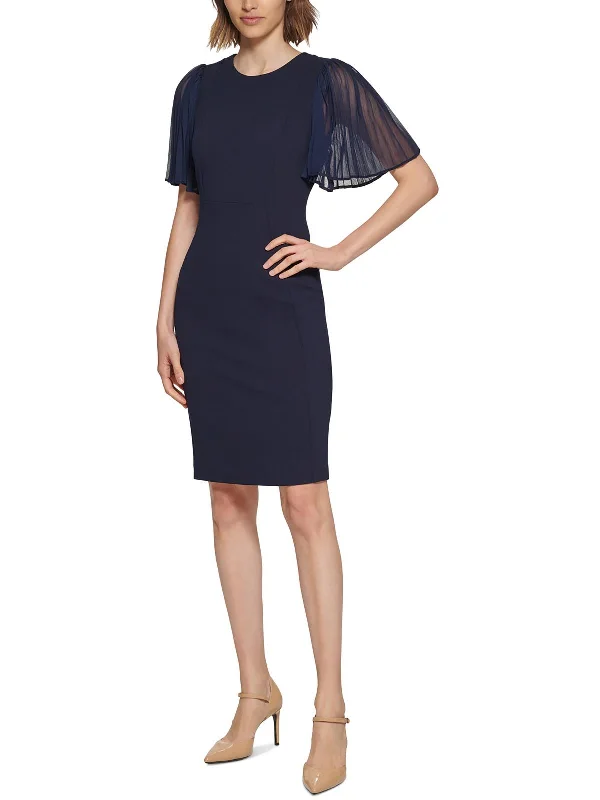 Womens Pleated Sleeves Round Neck Sheath Dress