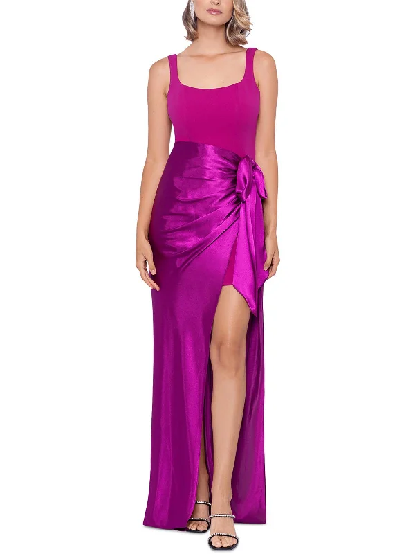 Womens Satin Ruched Evening Dress