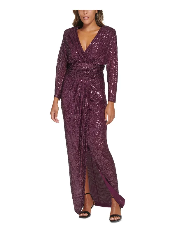 Womens Sequined Ruched Evening Dress