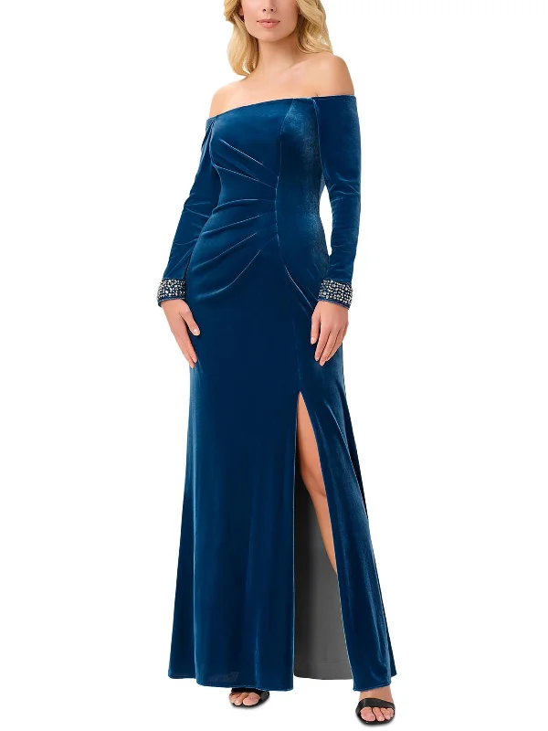 Womens Velvet Embellished Evening Dress