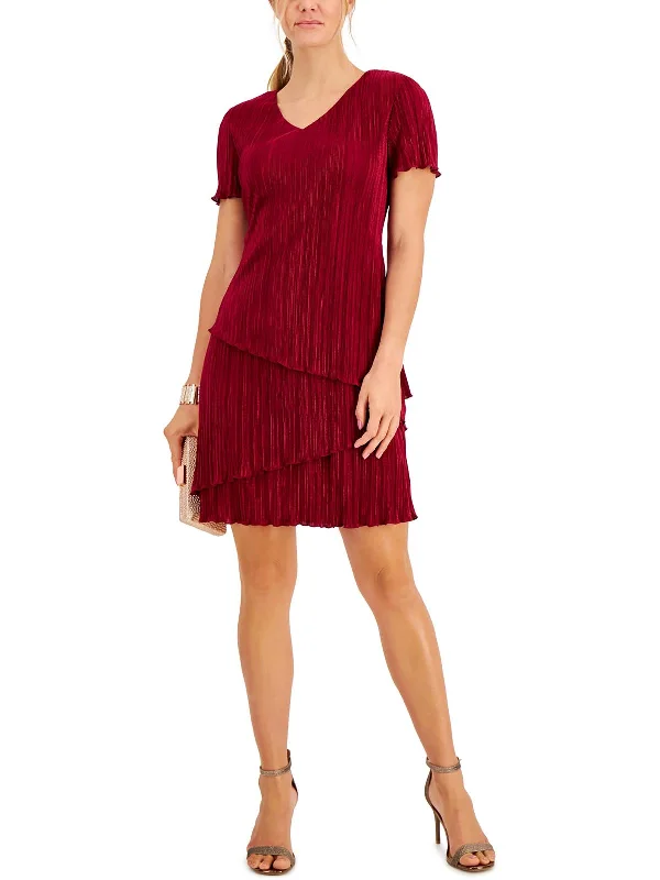 Petites Womens Pleated Tiered Sheath Dress