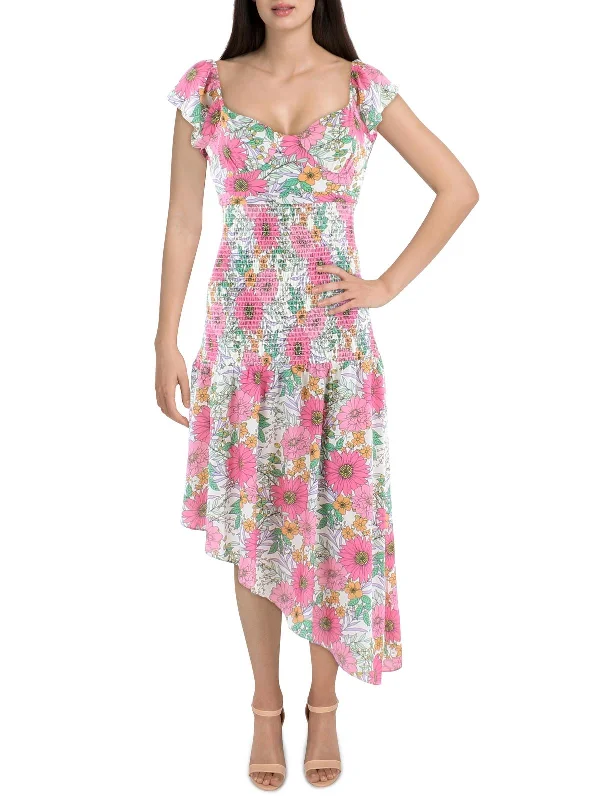 Womens Floral Smockd Sheath Dress