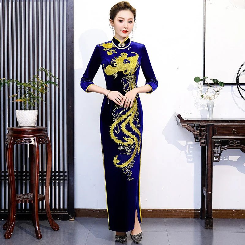 3/4 Sleeve Phoenix Embroidery Velvet Cheongsam Chinese Dress Evening Gown