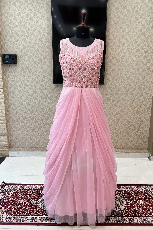 Baby Pink Sequins, Beads and Stone work Bridal and Partywear Gown