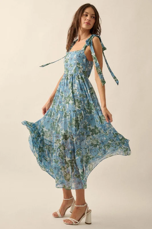 Borneo Bliss Floral Chiffon Tiered Ruffle Midi Dress