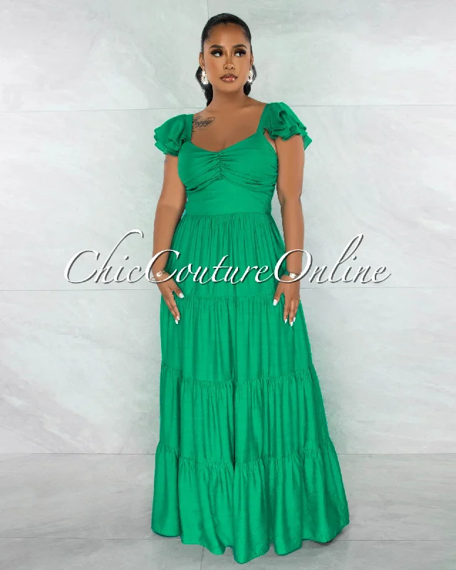 Bowles Green Draped Bust Ruffle Sleeves Maxi Dress