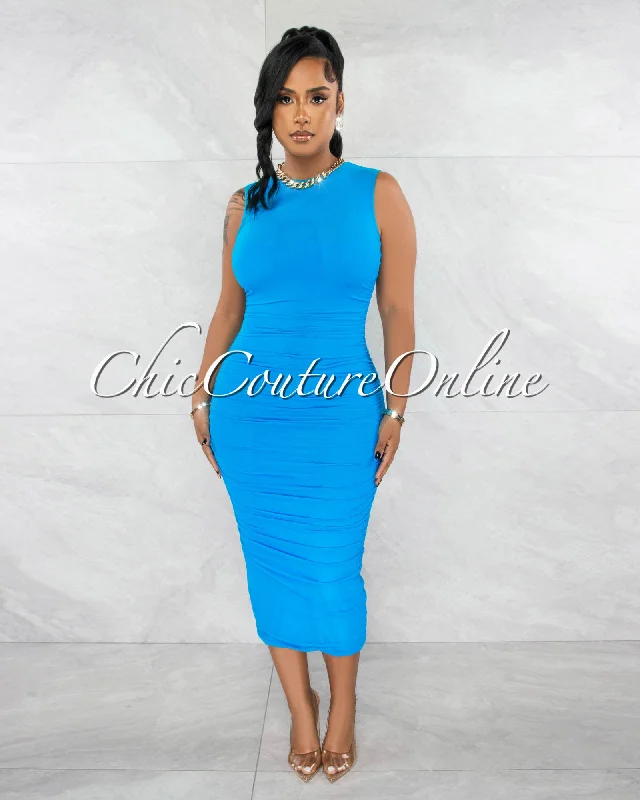 Canace Turquoise Mesh Ruched Midi Dress