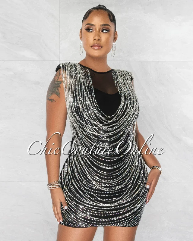 Clarence Black Silver Rhinestones Mesh Mini Dress