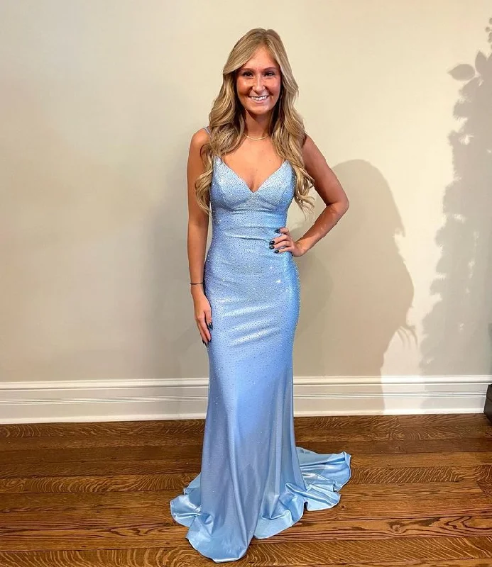 Cute Mermaid V Neck Light Blue Satin Prom Dresses with Beading gh2978