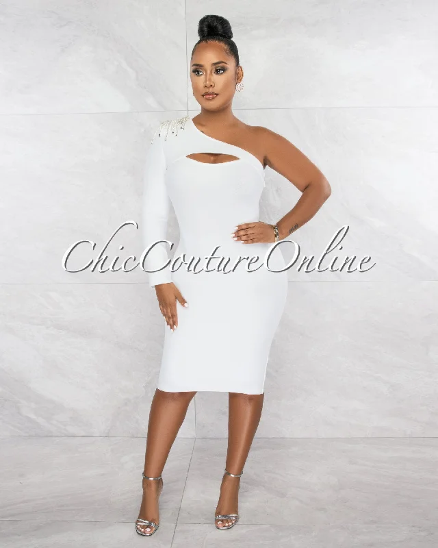 Dauna Off-White Key-Hole Rhinestones Fringe Single Sleeve Bandage Dress