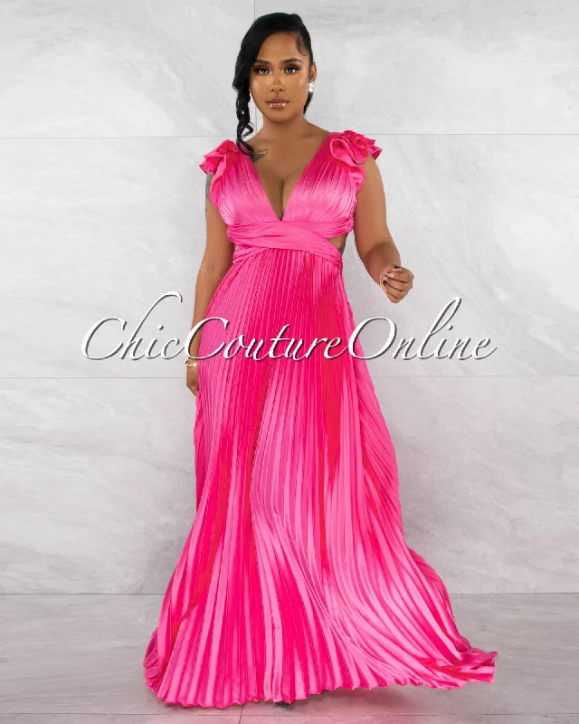 Elaine Pink Ruffle Lace-Up Back Pleated Silky Maxi Dress