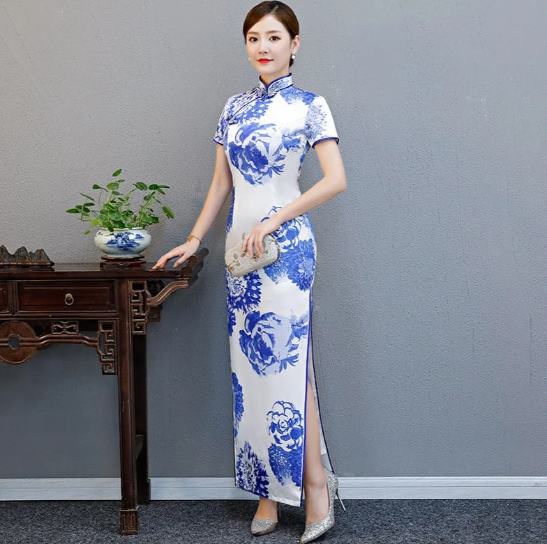 Elegant Blue and White Porcelain Long Cheongsam Modern Daily Plus Size Slimming Chinese Dress