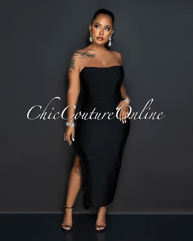 Elisha Black Feather Leg Slit Accent Bandage Midi Dress