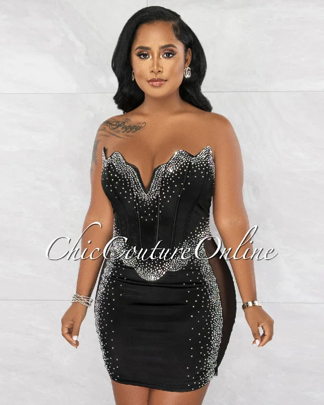Emporio Black Rhinestones Silky Mesh Sheer Sides Mini Dress