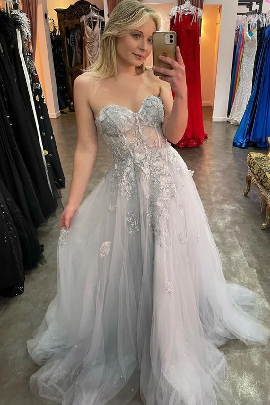 Grey Strapless Appliques A-line Tulle Long Prom Dress gh2924