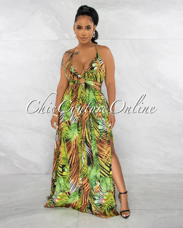 Idola Black Green Palm Print Cut-Out Sides Maxi Dress