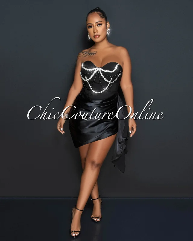 Janel Black Rhinestones Silky Draped Overlay Bodysuit Dress