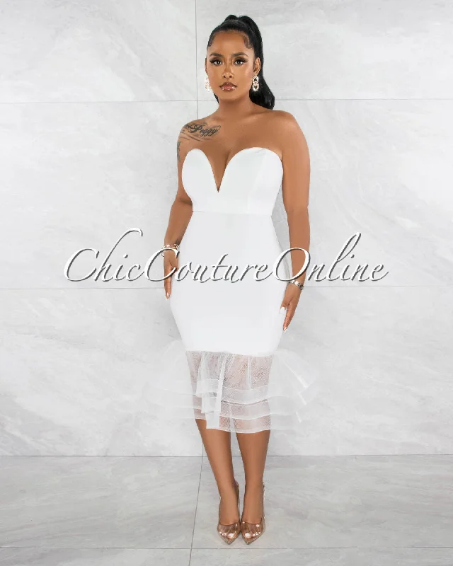 Kalani Off-White Dramatic Tulle Ruffle Hem Midi Dress