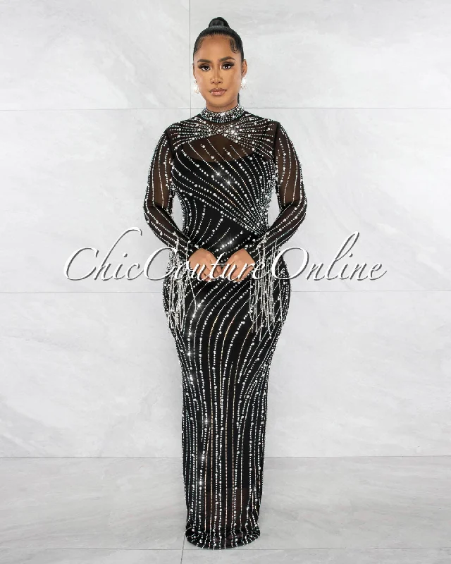 Katashna Black Mesh Sheer Rhinestones Maxi Dress