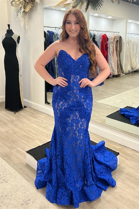 Lace Strapless Beaded Mermaid Long Prom Dress gh2968