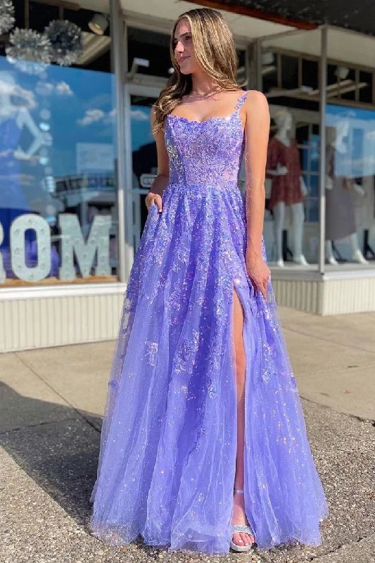 Lavender Tulle Sequin Scoop Neck A-Line Long Dress with Slit gh2963