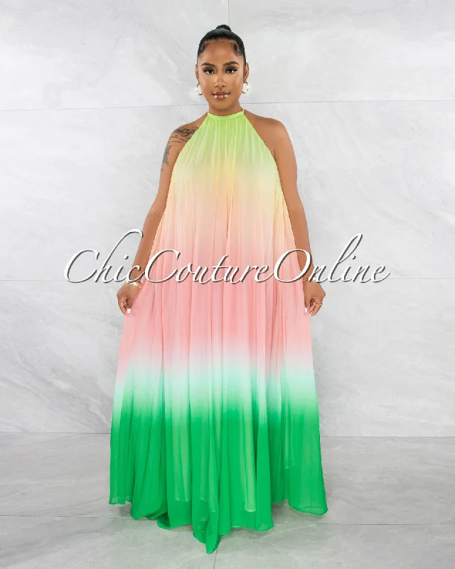 Lestine Salmon Green Ombre Halter Maxi Pleated Dress