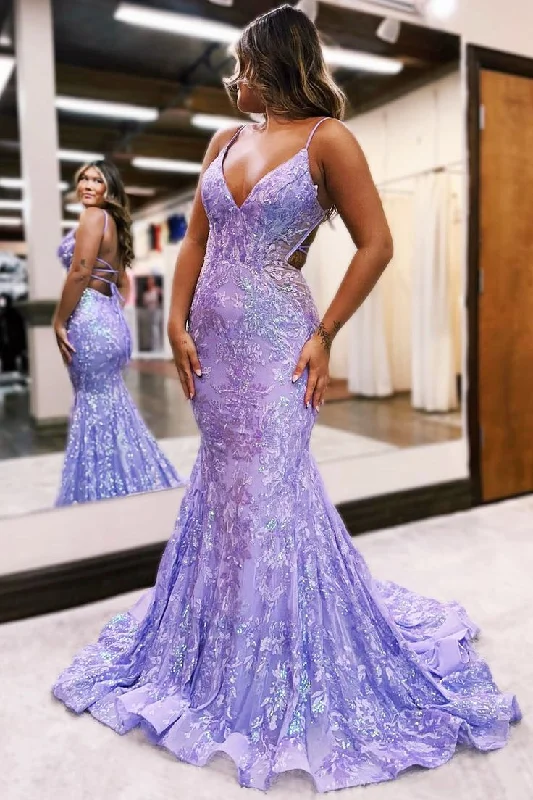 Lilac Sequin Lace V-Neck Long Prom Dress gh2966