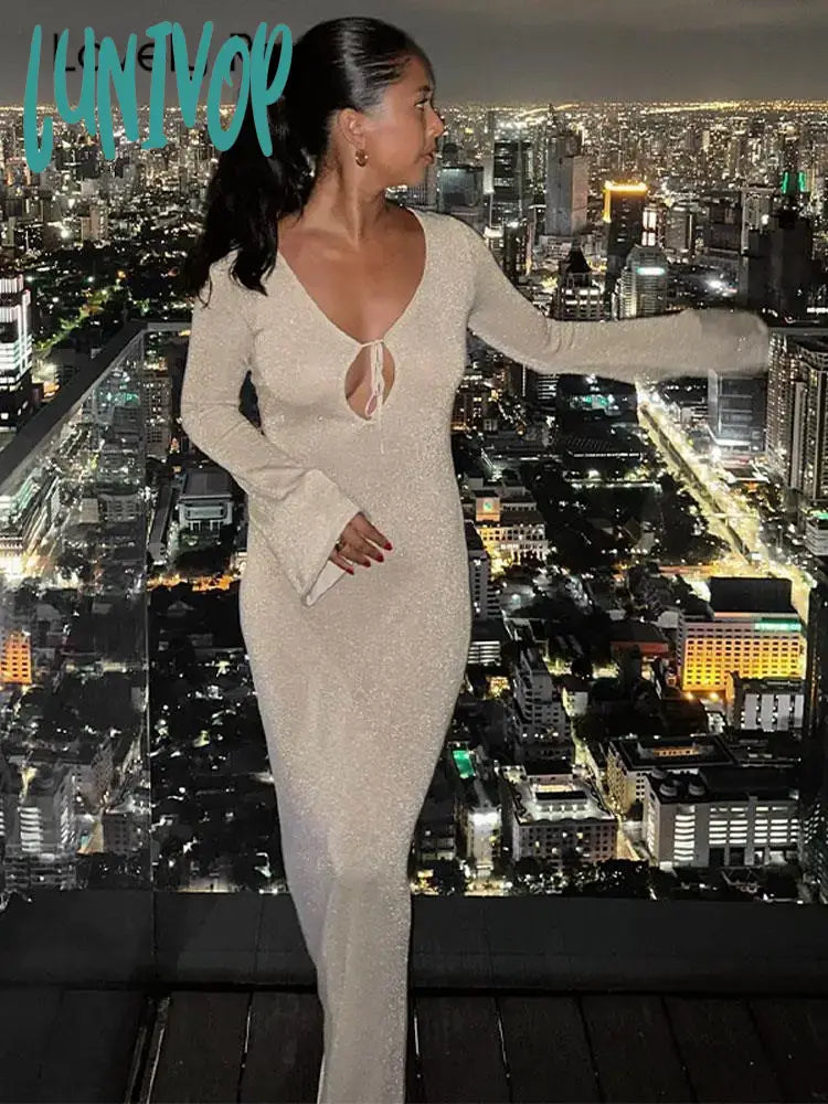 Lunivop Ribbed Long Sleeve Lace Up V Neck Maxi Dress Women Solid Low-Cut Tie-Up Bodycon Dresses Autumn Sexy Evening Party Vestidos Lunivop Ribbed Long Sleeve Lace Up V Neck Maxi Dress Women Solid Low-Cut Tie-Up Bodycon Dresses Autumn Sexy Evening Party Vestidos
