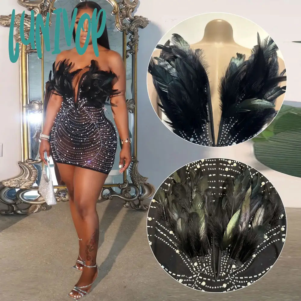 Lunivop Women Diamonds Hot Rhinestones Feather Mesh Strapless Plunging V-neck Bodycon Midi Dress Sexy Party Evening Dress Lunivop Women Diamonds Hot Rhinestones Feather Mesh Strapless Plunging V-neck Bodycon Midi Dress Sexy Party Evening Dress