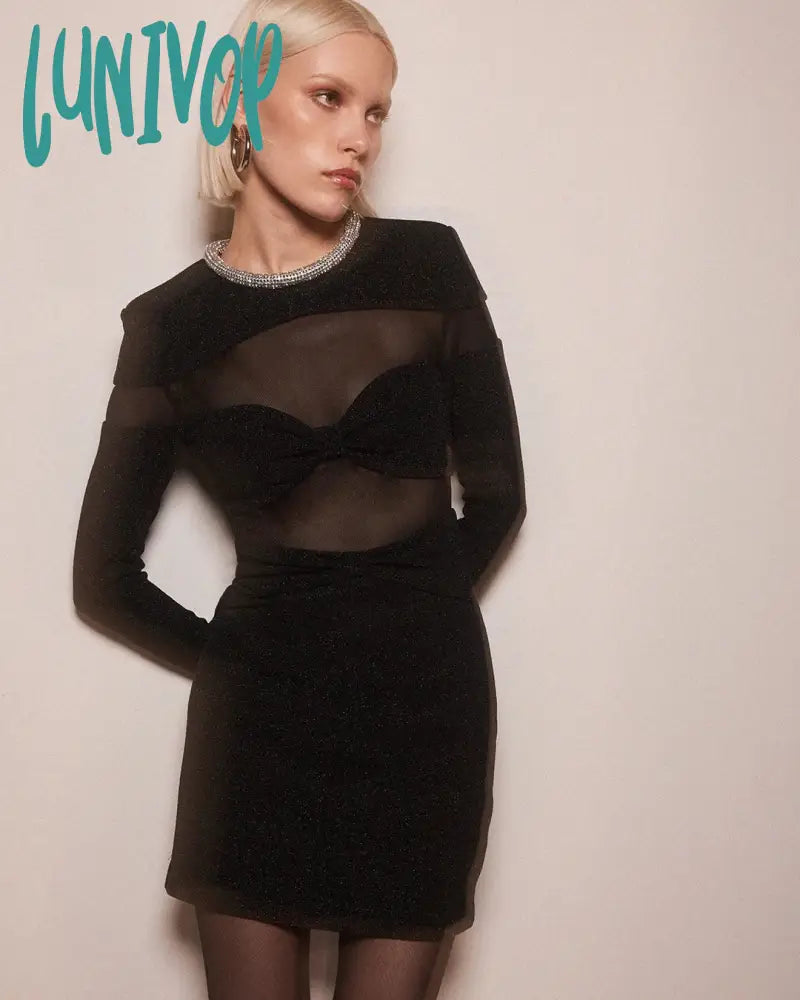 Lunivop Women Elegant Black Long Sleeved O-Neck Bow Mesh Patchwork Fashion Bodycon Mini Dress Birthday Evening Cocktail Party Dresses Lunivop Women Elegant Black Long Sleeved O-Neck Bow Mesh Patchwork Fashion Bodycon Mini Dress Birthday Evening Cocktail Party Dresses