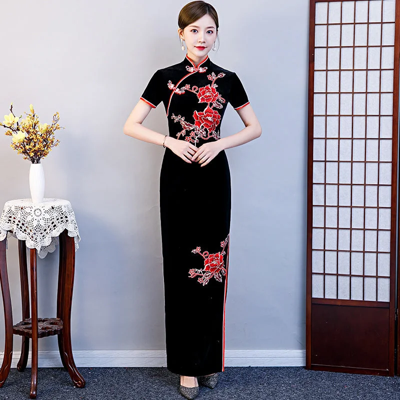 Peony Embroidery Velvet Cheongsam A- line Chinese Dress Evening Gown