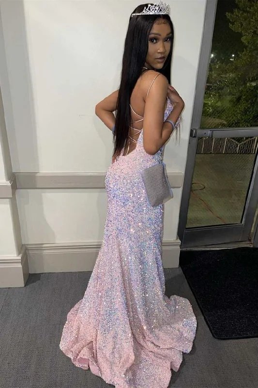 Pink Iridescent Sequin Lace-Up Mermaid Long Prom Dress gh2947