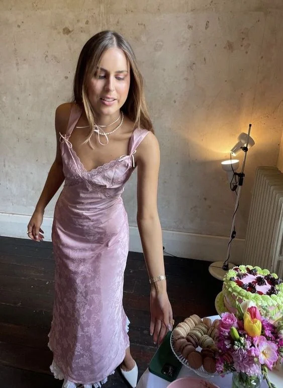 Pink Satin Lace V neck Prom Dress gh2928