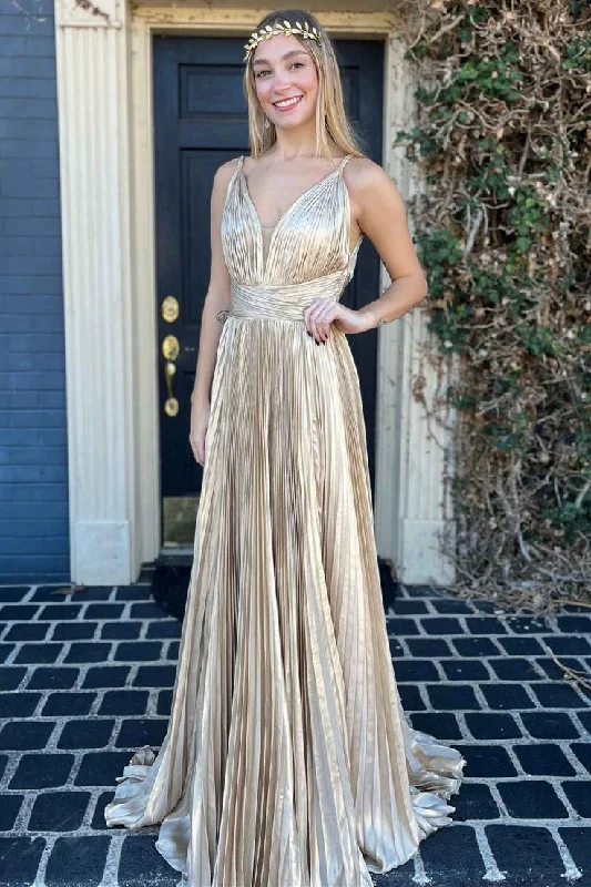 Plunging V-Neck Pleated Long Prom Dress gh2988