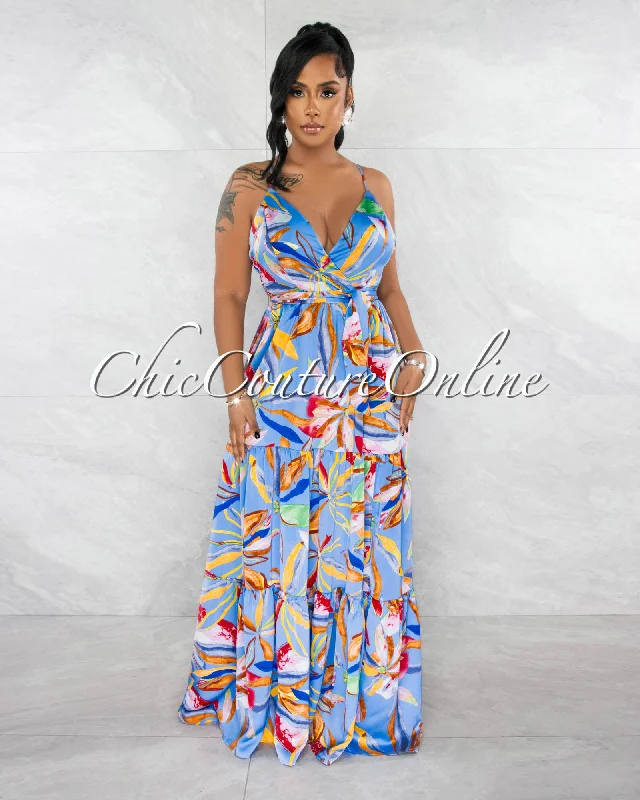 Poetry Periwinkle Floral Print Silky Low Back Maxi Dress