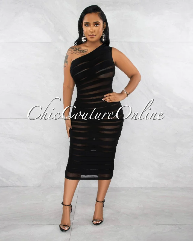 Raimy Black Mesh Accent Stripes Bandage Midi Dress