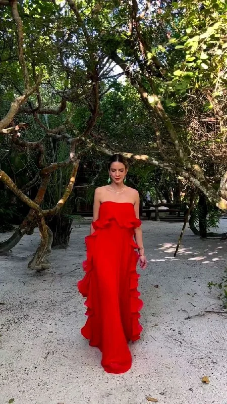 Red a line ruffles prom dress evening party dress gh2951