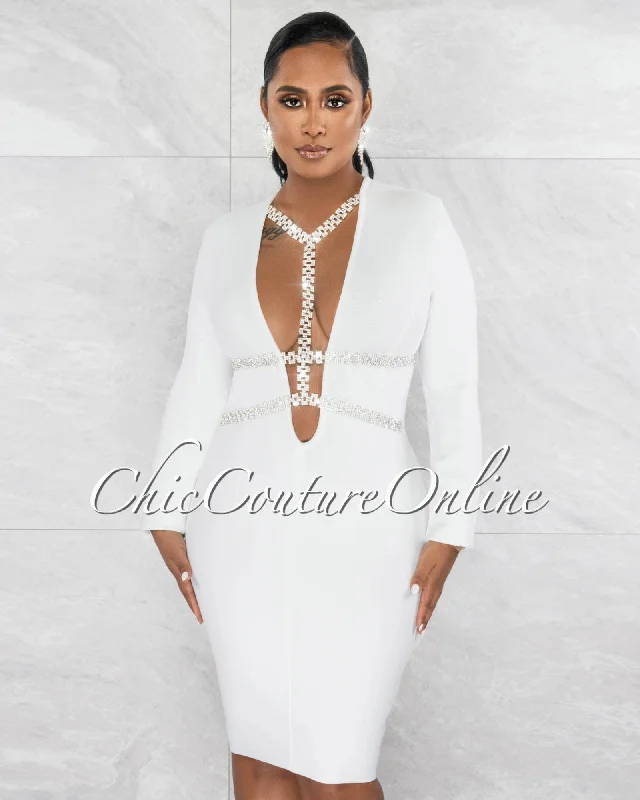 Reneta Off-White Deep V Rhinestones Décor Bandage Dress