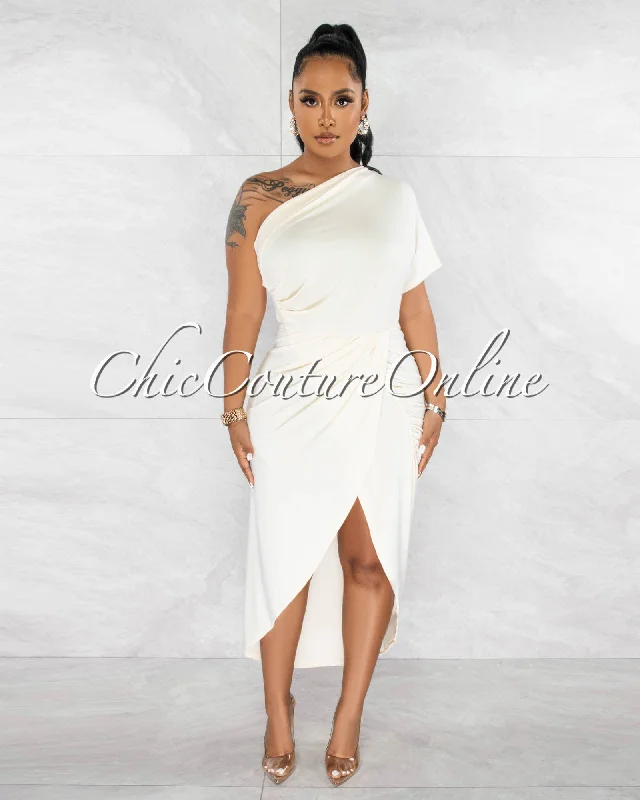 Shyla Beige Draped Front Single Shoulder Midi Dress