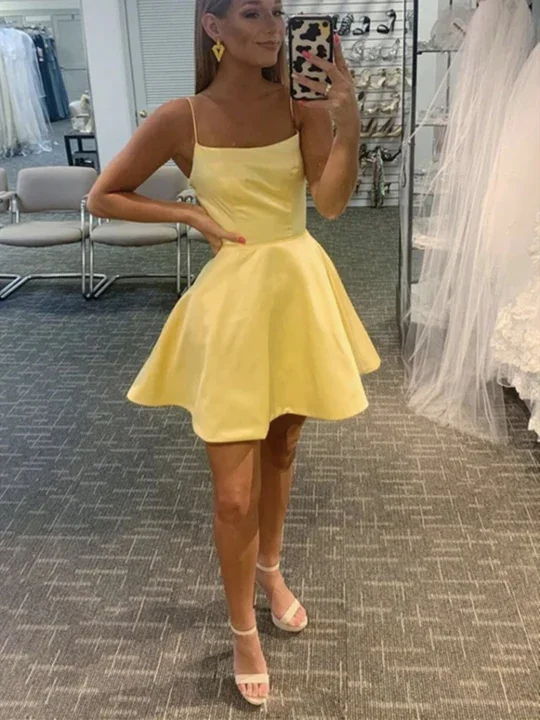 Spaghetti Straps Short Yellow Graduation Homecoming Dresses  gh803