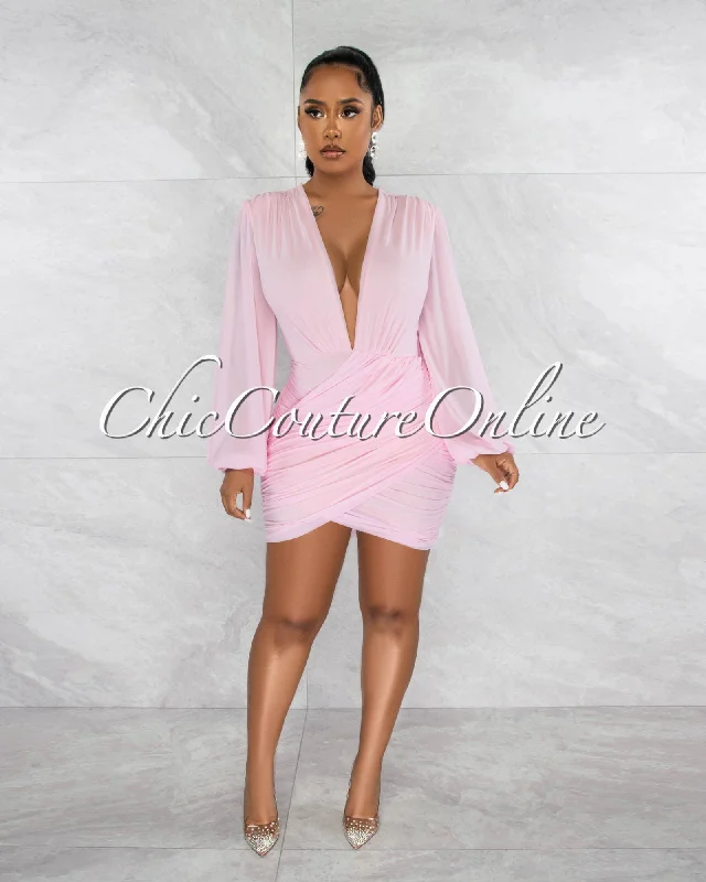 Stephen Baby Pink Deep-V Mesh Ruched Dress